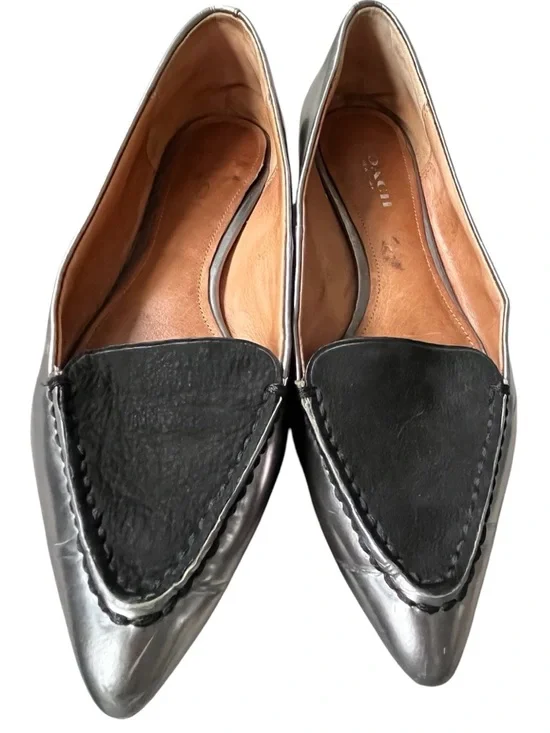 Coach Walsh Silver Metallic Mirror Leather Black Suede Pointed Toe Flats Size 5B - Picture 8 of 9